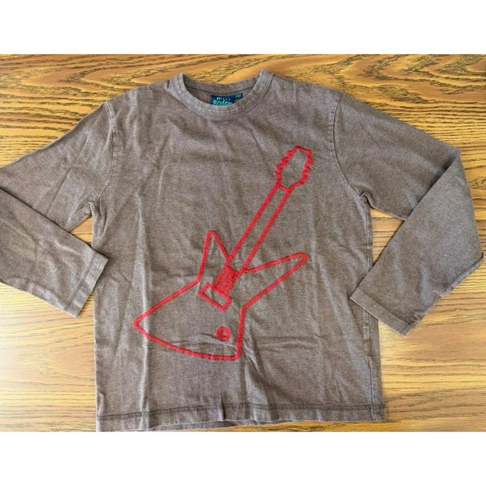 Mini Boden Boys Brown Long Sleeve Guitar Embroidered Graphic Tee Shirt 9-10Y